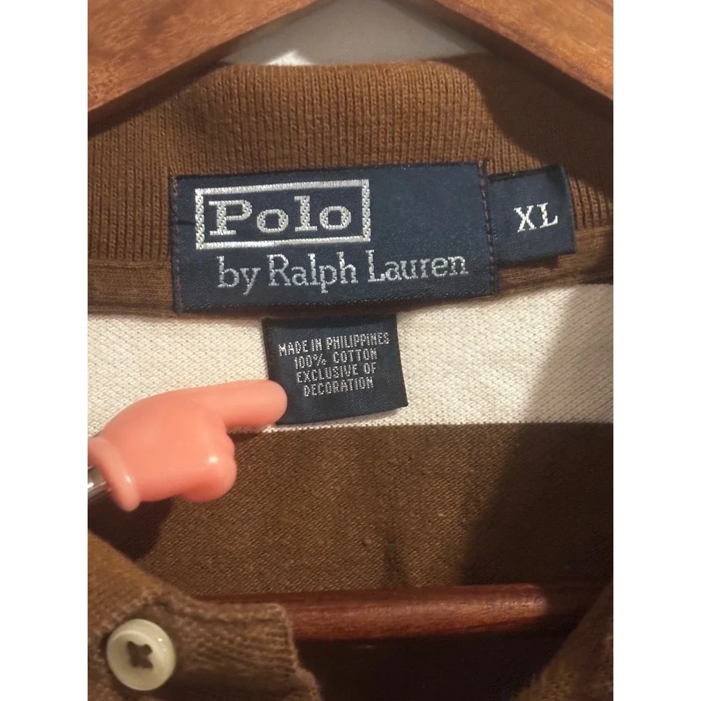 Vintage Ralph Lauren‎ Polo Shirt Men's XL Short Sleeve Brown Cream Striped
